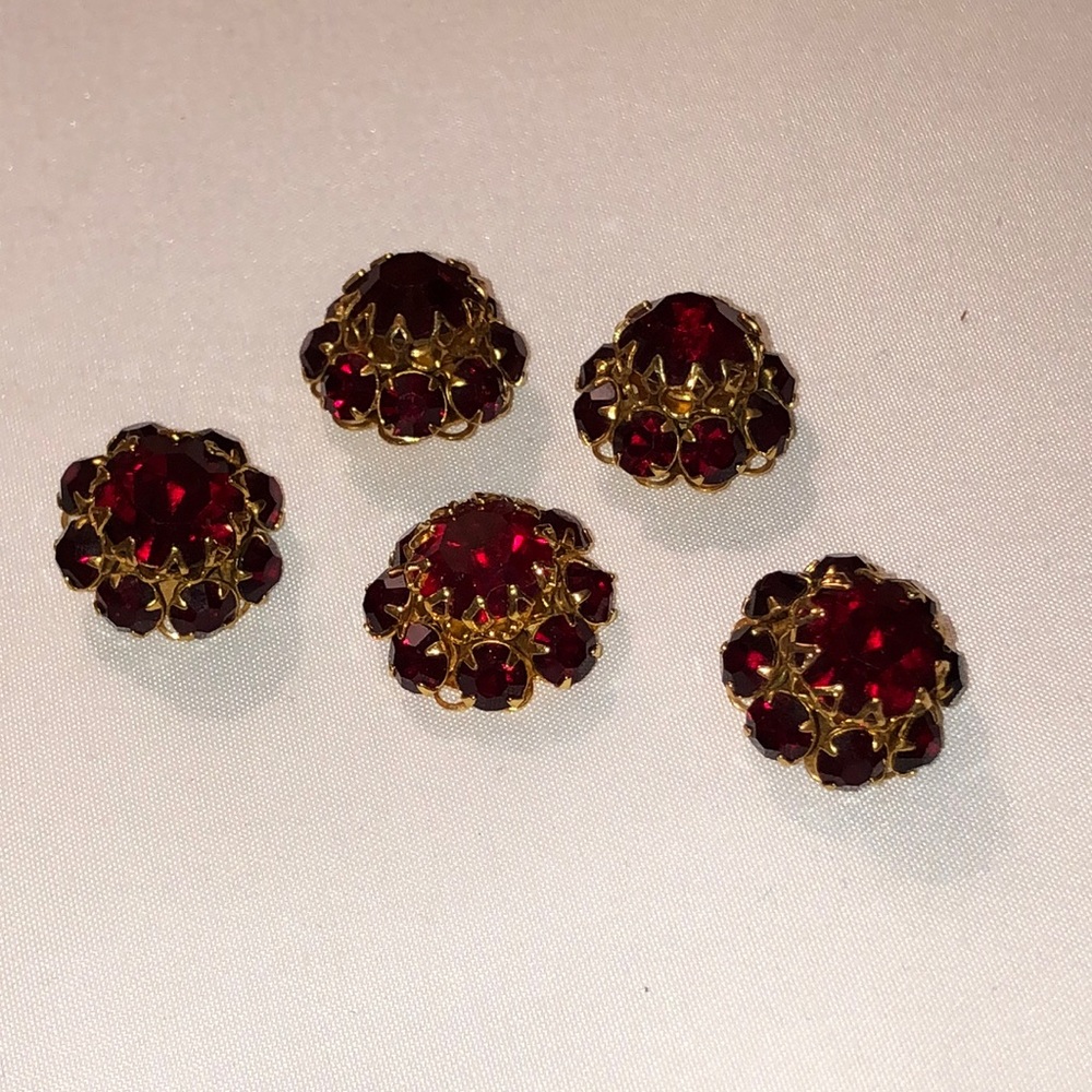 Set of five vintage 19mm Siam red glass rhinestone brass buttons